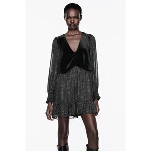 Zara Black Gold Metallic V-Neck Long Sleeve Ruffle Hem Mini Vest Dress (NWT)
